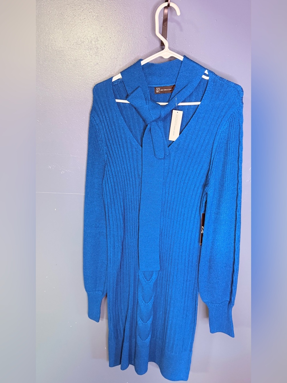 New York & Company Women’s Cobalt Blue Ribbed V-Neck Tie-Front Sweater